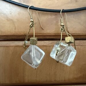 Vtg Artisan Acrylic Clear Cube Dangle Earrings Silver Tone 2.5" Dangle Chunky